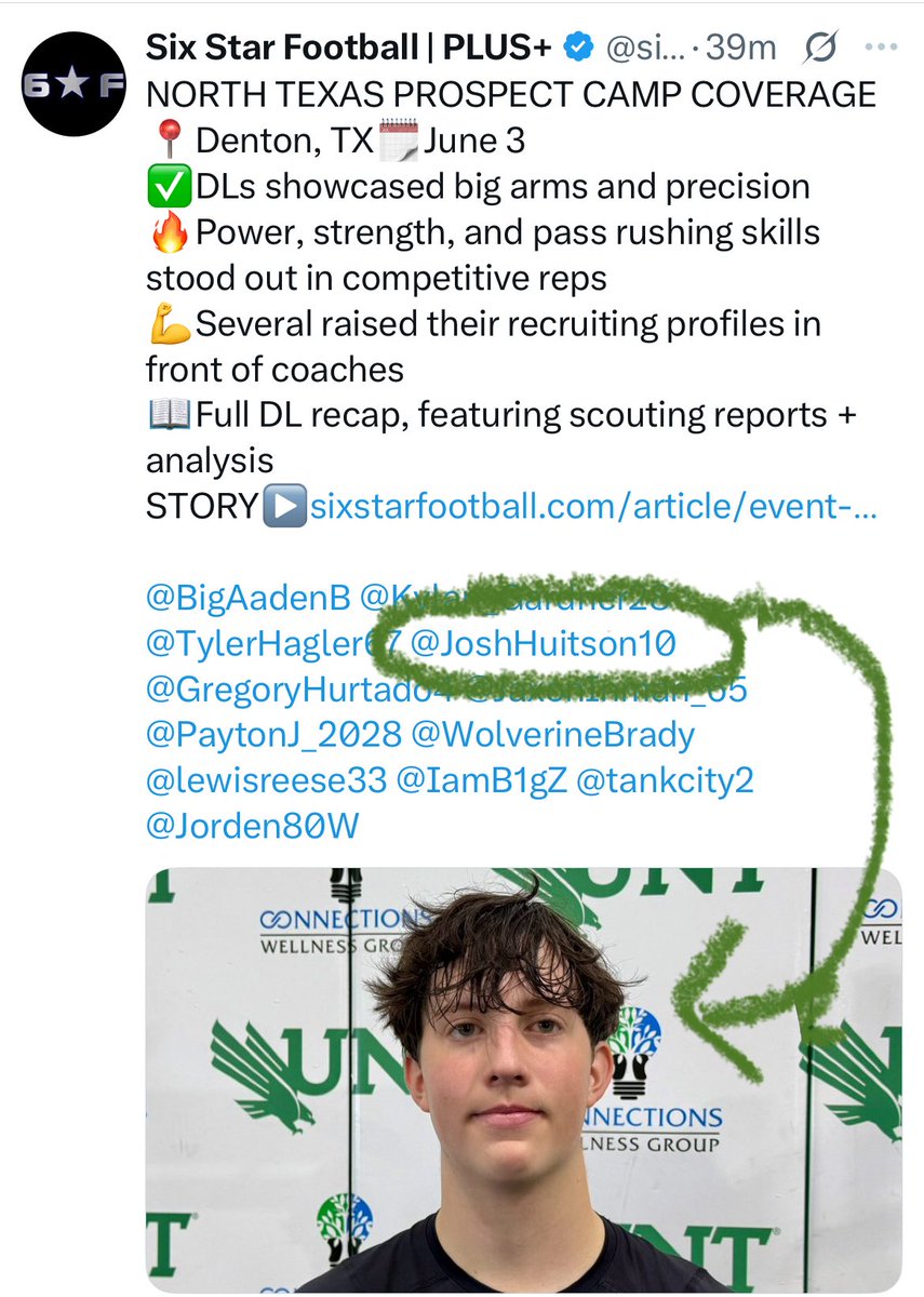 Josh Huitson 2029 (@joshhuitson10) on Twitter photo Grateful to have been recognized by <a href="/sixstarfootball/">Six Star Football | PLUS+</a> at the North Texas Camp! Freshman year loading.
<a href="/CoachGRichDL/">Greg Richmond</a> <a href="/coach_ikeDL/">coach Ike</a> <a href="/PrepRedzoneTX/">Prep Redzone Texas</a> <a href="/dctf/">Dave Campbell's β TexasFootball.com</a> <a href="/UANextFootball/">All-America Game</a> <a href="/AlPopsFootball/">ππ ππ¨π©π¬</a> <a href="/leopardfootball/">LOJO Football</a> <a href="/dbranscom/">David Branscom</a> <a href="/CoachBMurdock/">Coach Murdock</a> Grateful to have been recognized by <a href="/sixstarfootball/">Six Star Football | PLUS+</a> at the North Texas Camp! Freshman year loading.
<a href="/CoachGRichDL/">Greg Richmond</a> <a href="/coach_ikeDL/">coach Ike</a> <a href="/PrepRedzoneTX/">Prep Redzone Texas</a> <a href="/dctf/">Dave Campbell's β TexasFootball.com</a> <a href="/UANextFootball/">All-America Game</a> <a href="/AlPopsFootball/">ππ ππ¨π©π¬</a> <a href="/leopardfootball/">LOJO Football</a> <a href="/dbranscom/">David Branscom</a> <a href="/CoachBMurdock/">Coach Murdock</a>