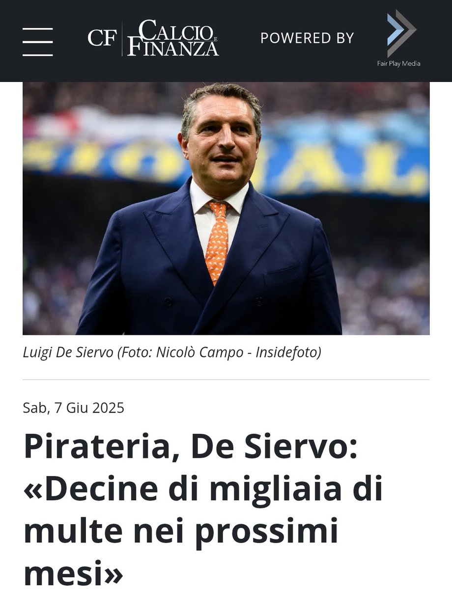 All'indomani della figuraccia in #Norvegia ci saremmo attesi prese di posizione forti e proposte di riforme da parte delle istituzioni calcistiche, ma niente, è sempre e solo colpa della pirateria. #DeSiervo: "La festa è finita, individuati anche politici, poliziotti, architetti