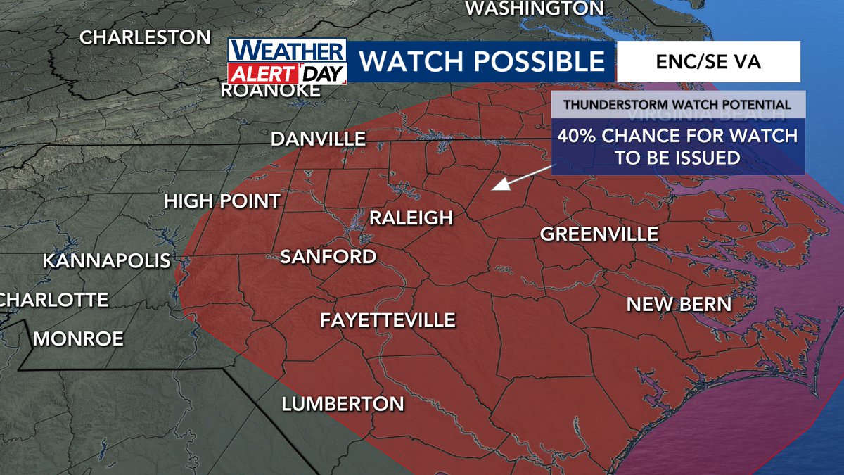 wx_anthony's tweet image. SVR T'STORM WATCH possible in the next few hours across our area. The SPC mentions a 40% chance of being issued. We'll still see lots of dry-time, but any storms that get going could be strong. You can feel the storm fuel in the air!
#ncwx #NorthCarolina #weather