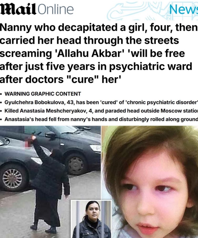 🚨🇬🇧 La niñera que decapitó a una niña de 4 años y exhibió su cabeza en la calle al grito de  "¡Allahu Akbar!" será puesta  en libertad, después de 5 años. 
"Curada por médicos”, dicen.