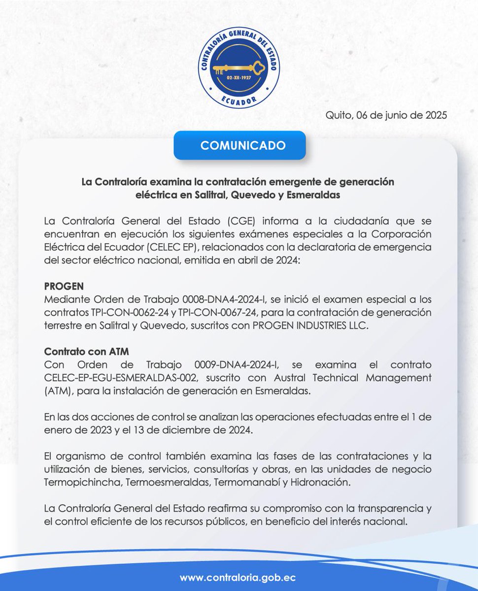 Control tardío. La Contraloría informó que realiza exámenes especiales a los contratos firmados por la emergencia eléctrica entre CELEC con Progen y Austral, que tienen retrasos y múltiples problemas que han impedido que generen la energía pagada.
