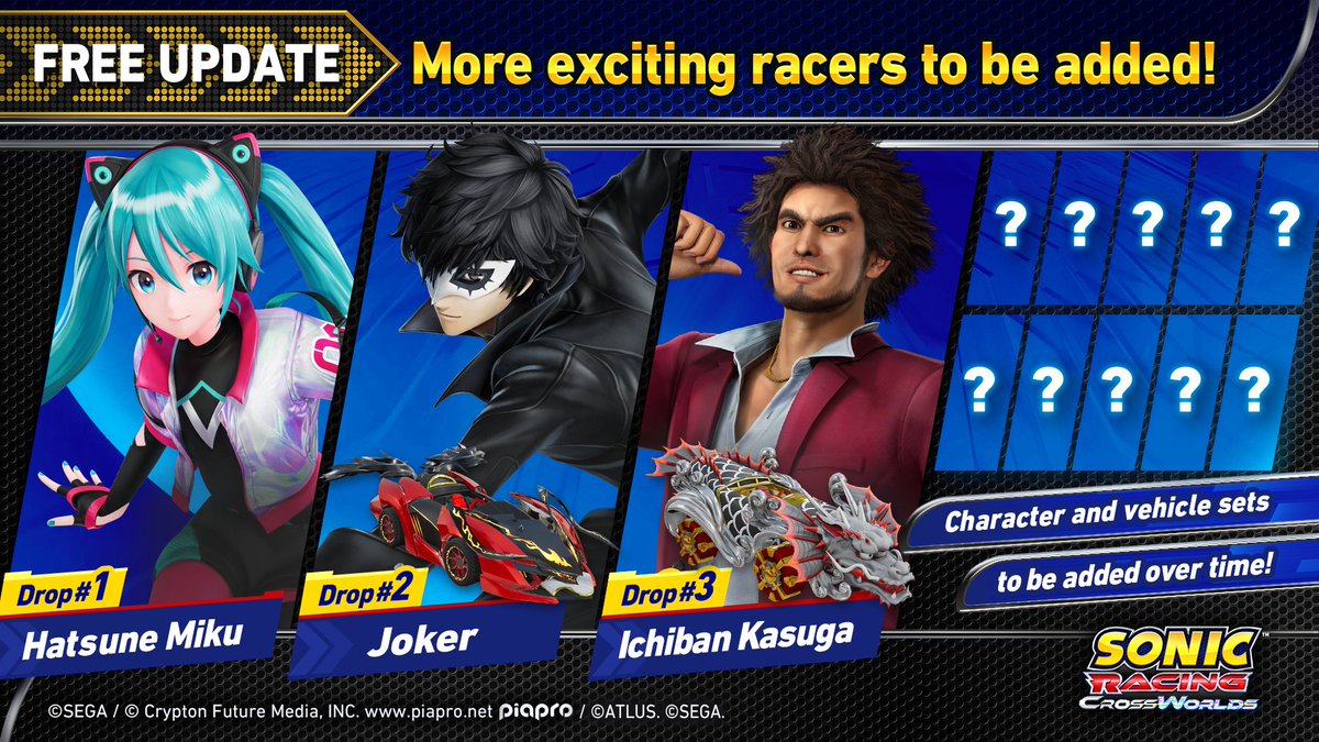 Hatsune Miku, Joker, Ichiban Kasuga and more will be released as FREE post-launch content for Sonic Racing: CrossWorlds!

Vehicles that recreate the uniqueness of each series will also be added! Who are you excited to see join the race?

Pre-order today: RaceCrossWorlds.com