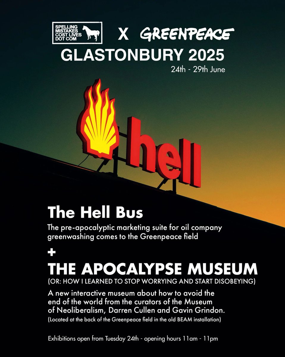 Some details on the Apocalypse Museum here which I'm producing for Greenpeace at Glastonbury with <a href="/GavinGrindon/">Gavin Grindon</a>, my co-curator on the <a href="/MuseumofNeolib/">Museum of Neoliberalism 🌐</a>. The Hell Bus will also be there (assuming it gets fixed on time!)
