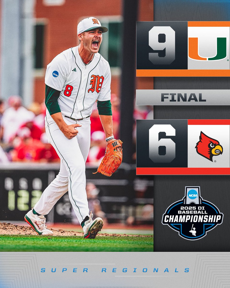 NCAA Baseball (@ncaabaseball) on Twitter photo THE π FORCES GAME 3
<a href="/CanesBaseball/">Miami Hurricanes Baseball</a> defeats Louisville, 9-6, to force Game 3 of the series.
#RoadToOmaha THE π FORCES GAME 3
<a href="/CanesBaseball/">Miami Hurricanes Baseball</a> defeats Louisville, 9-6, to force Game 3 of the series.
#RoadToOmaha