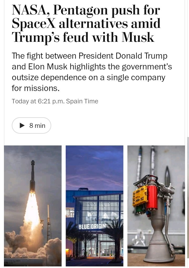 Acojone en el Pentágono y la NASA con la reacción de Musk. SpaceX no tiene competidor en el negocio de las lanzaderas. Sólo hay que recordar que hace nada tuvo que rescatar a los dos astronautas de Boeing que se quedaron tirados en la ISS