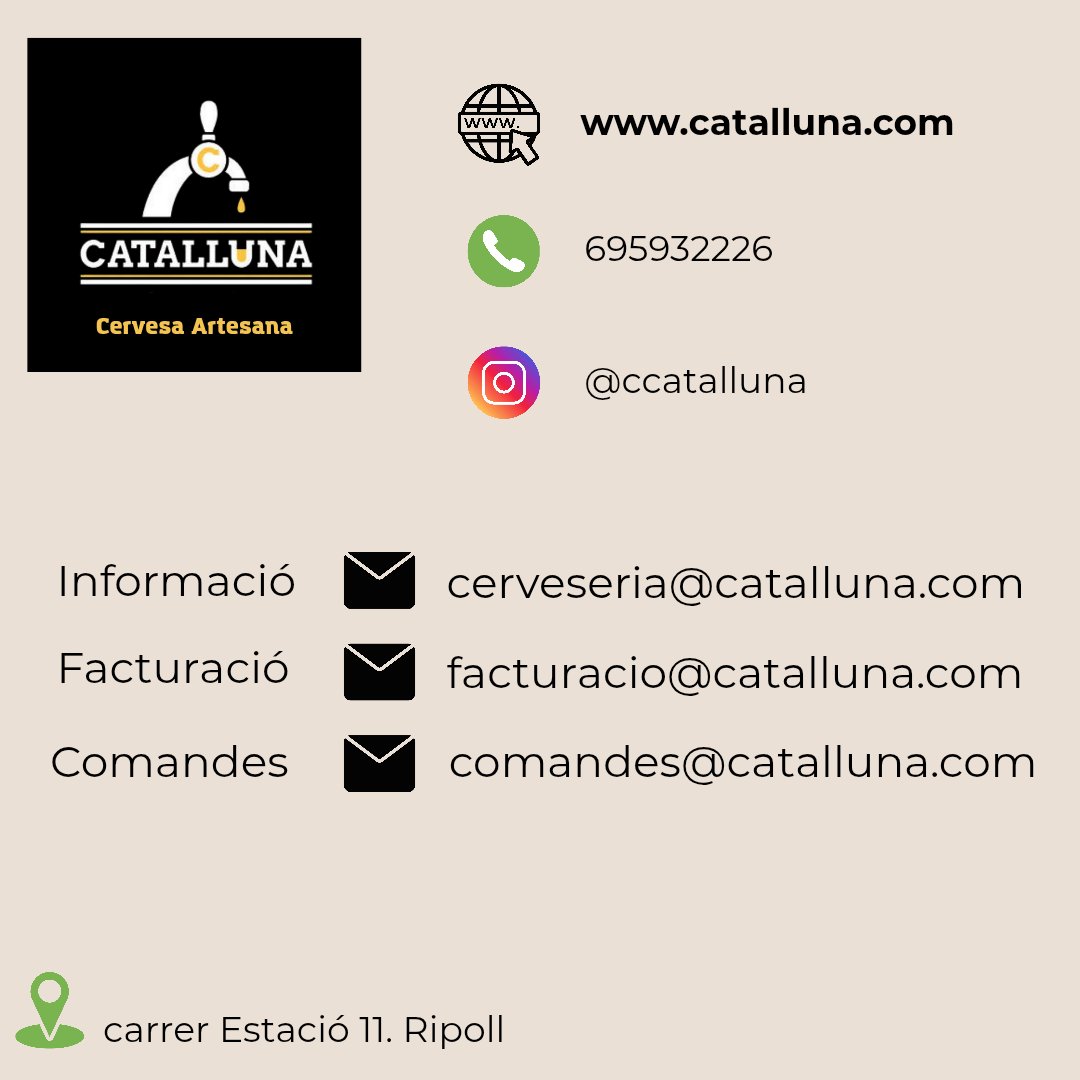A causa d'una incidència de seguretat amb el domini ".cat", la nostra web i correus han canviat temporalment.
🌐 catalluna.com
📩 Nous correus actius 
👉 Informació: cerveseria@catalluna.com 
👉 Comandes: comandes@catalluna.com 

📍C/Estació 11. Ripoll.
☎️ 695932226