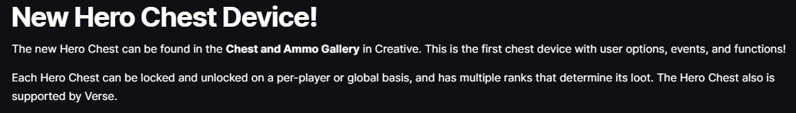 Creative / UEFN News!

New Devices:
- Progress Based Mesh Device
- Player Movement Device
- Hero Chest Device (this can be messed with via Verse)
