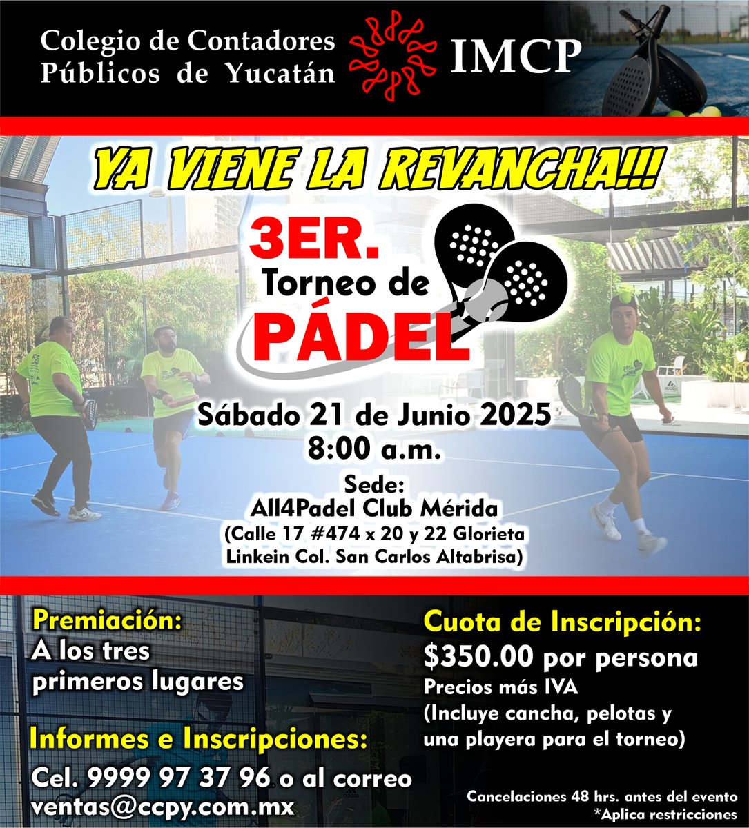 📣𝙔𝙖 𝙫𝙞𝙚𝙣𝙚 𝙡𝙖 𝙧𝙚𝙫𝙖𝙣𝙘𝙝𝙖!!!
Inscríbete hoy mismo y participa el próximo 𝐬á𝐛𝐚𝐝𝐨 𝟐𝟏 𝐝𝐞 𝐣𝐮𝐧𝐢𝐨 en el  𝟑𝐞𝐫. 𝐓𝐨𝐫𝐧𝐞𝐨 𝐝𝐞 𝐏á𝐝𝐞𝐥

𝓘𝓷𝓯𝓸𝓻𝓶𝓮𝓼 𝓮 𝓲𝓷𝓼𝓬𝓻𝓲𝓹𝓬𝓲𝓸𝓷𝓮𝓼:
Cel. 9999 97 37 96 o al correo ventas@ccpy.com.mx

#CCPY