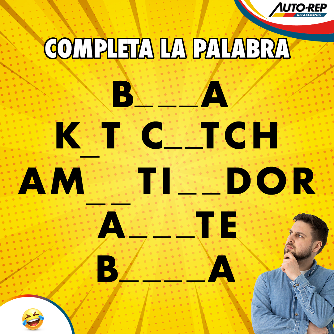 autorep_oficial's tweet image. ¡Demuestra que tanto conoces de refacciones!
Completa las palabras y descubre qué refacciones son. ¿Listo  para el reto? ¡Comenta tu respuesta y reta a un amigo!  #AUTOREP Síguenos en instagram.com/autorep.refacc… #reto #juego #refaccion