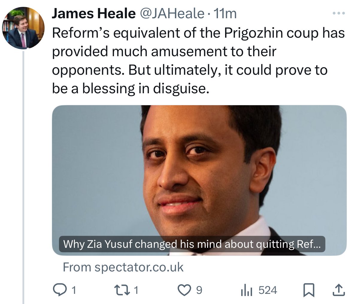 I can’t work out why the media give <a href="/ZiaYusufUK/">Zia Yusuf</a> such an easy time.

The Spectator are literally declaring the Yusuf resignation-comeback a “blessing in disguise”.

This is Pravda level propaganda.