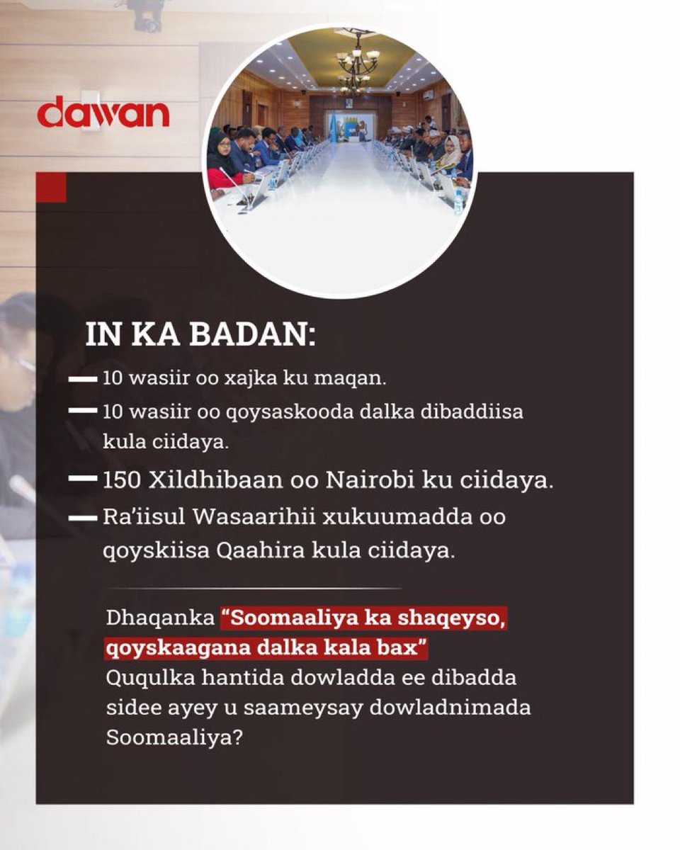 dhoorebbc's tweet photo. #Dawan TV reports that #Somalia’s Prime Minister, 20 of his cabinet members, and 150 lawmakers are out of the country���some to spend Eid with their families abroad, while others are performing Hajj. https://t.co/5Hu7ymQgIC