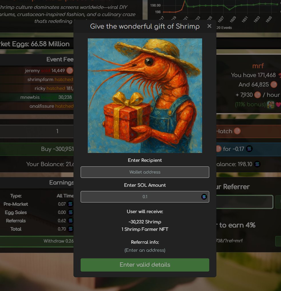 Shrimp Farm V1.1 is live 🎉🚀
The program has been:
- Upgraded on-chain ✅
- Re-verified on Solscan ✅

New Features:
- Shrimp gifting ✅
- NFT minting uncapped ✅
- Buy-per-mint amount lowered to 0.1 SOL ✅

To celebrate, I'm giving away 2 SOL 🔥
- Like and repost
- Comment your