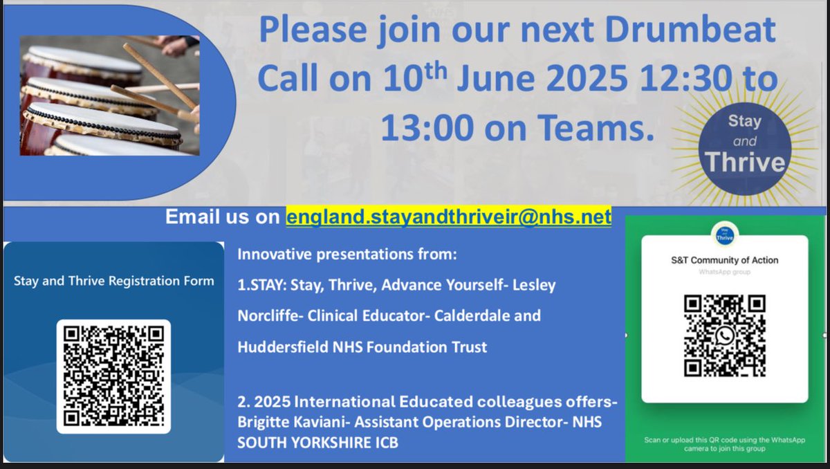 #StayAndThrive (@stayandthrive) on Twitter photo 🥁We R excited 2invite U2 our next #DrumbeatCall
📆10th June l 2025
⏰12:30 to 13:00
📍Virtual via Teams: to book-england.stayandthriveir@nhs.net.
Our positive deviants <a href="/CHFTNHS/">Calderdale and Huddersfield NHS Foundation Trust</a> tells us about STAY program & @southyorkshireICB 2025 IECs offers. 🥁We R excited 2invite U2 our next #DrumbeatCall
📆10th June l 2025
⏰12:30 to 13:00
📍Virtual via Teams: to book-england.stayandthriveir@nhs.net.
Our positive deviants <a href="/CHFTNHS/">Calderdale and Huddersfield NHS Foundation Trust</a> tells us about STAY program & @southyorkshireICB 2025 IECs offers.