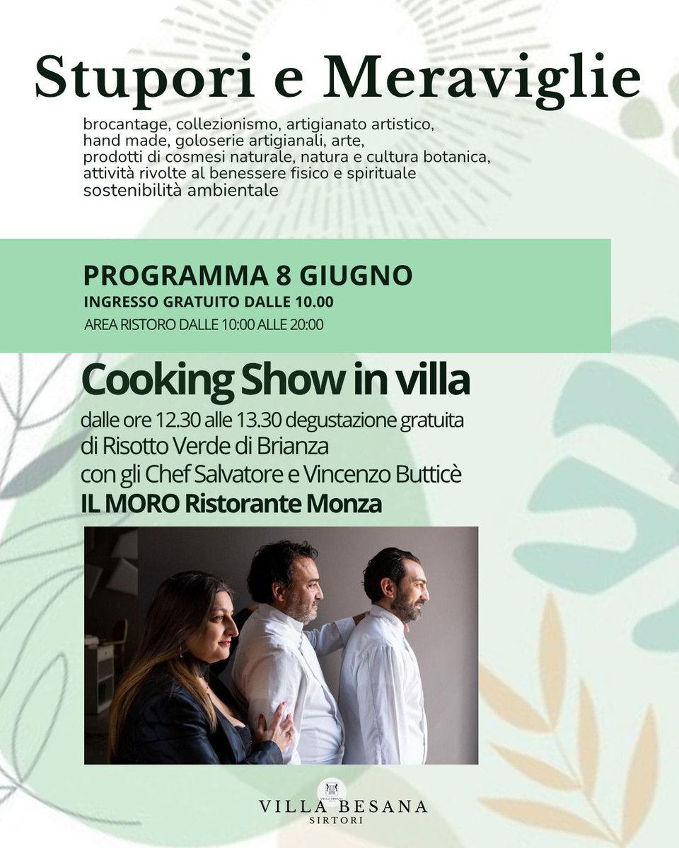 Raccontare un territorio… con un risotto 🌿

8 Giugno | Villa Besana
👉 #CookingShow con  IButticè
Degustazione gratuita #RisottoVerdeBrianza
Ore 12.30-13.30
#IlMoroMonza #StuporiEMeraviglie #FoodExperience