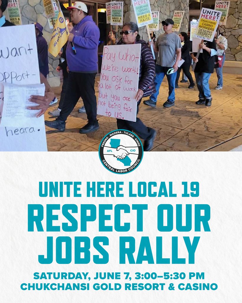 Chukchansi Gold Resort and Casino workers, represented by <a href="/unitehere19/">UNITE HERE! Local 19</a>, are fighting for respect for their work with substantial wage increases!⁠
⁠
🪧 Join us on the picket line today, Sat, June 7, 3–5 PM @ Chukchansi Gold Resort and Casino