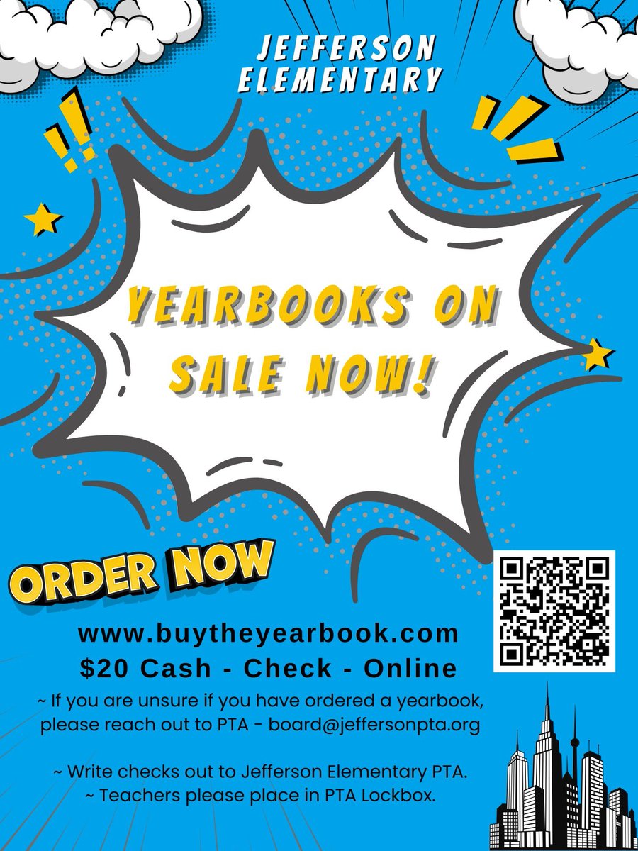The Jefferson Elementary 2024-2025 yearbook is on sale! 

You can order yearbooks online and pay be card at buytheyearbook.com/en/yearbook

You can also order yearbooks using the paper order form available in the front office and pay by cash or check.