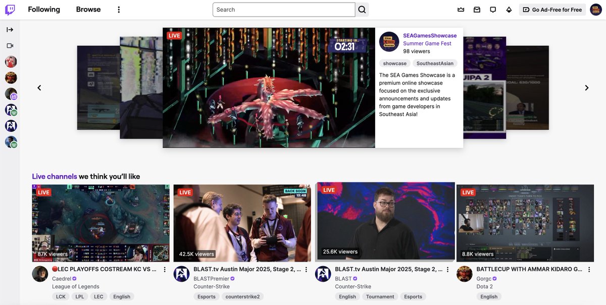 The Southeast Asian Games Showcase: Summer Game Fest Edition is on the front page of <a href="/Twitch/">Twitch</a>! 

Watch it live over on: twitch.tv/seagamesshowca…