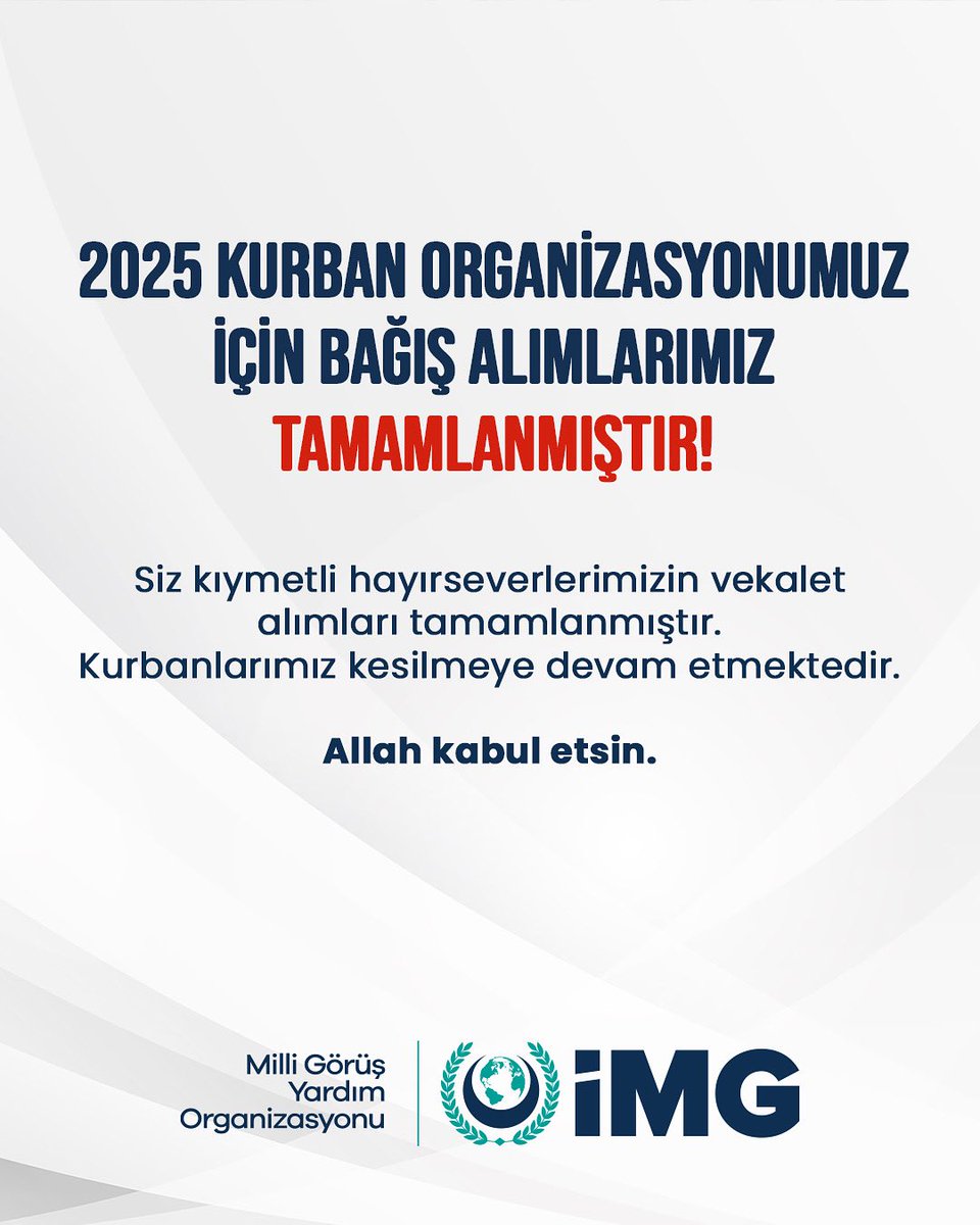 2025 Kurban Organizasyonumuz İçin Bağış Alımlarımız Tamamlanmıştır

Siz kıymetli hayırseverlerimizin vekalet alımları tamamlanmıştır. Kurbanlarımız kesilmeye devam etmektedir.

Allah kabul etsin.
