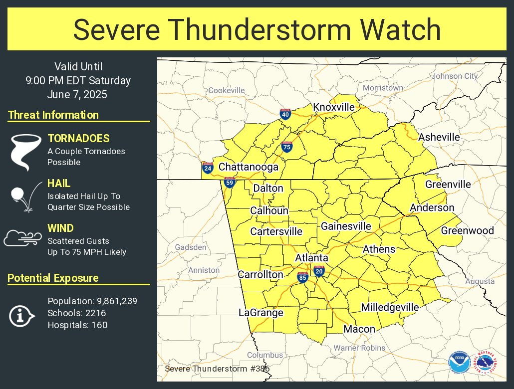A severe thunderstorm watch has been issued for parts of Georgia, North Carolina, South Carolina and Tennessee until 9 PM EDT