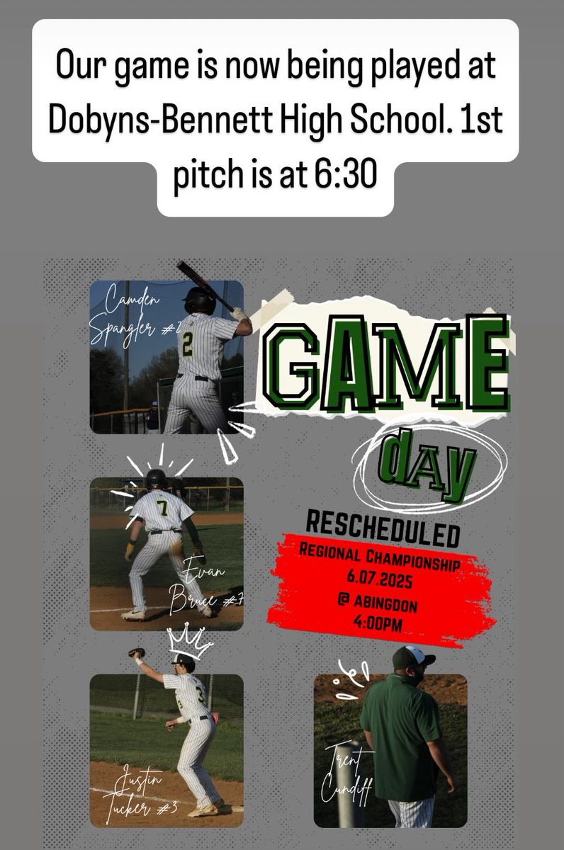 NHS Baseball (@northsidebaseb2) on Twitter photo Update:
Game will now be played at Dobyns-Bennett High School. 1st pitch will be at 6:30.
<a href="/VikingSportsNHS/">Northside Athletics</a> <a href="/PrepBaseballVA/">Prep Baseball Virginia/DC</a> <a href="/central_scout/">CentralVABaseballScout</a> Update:
Game will now be played at Dobyns-Bennett High School. 1st pitch will be at 6:30.
<a href="/VikingSportsNHS/">Northside Athletics</a> <a href="/PrepBaseballVA/">Prep Baseball Virginia/DC</a> <a href="/central_scout/">CentralVABaseballScout</a>
