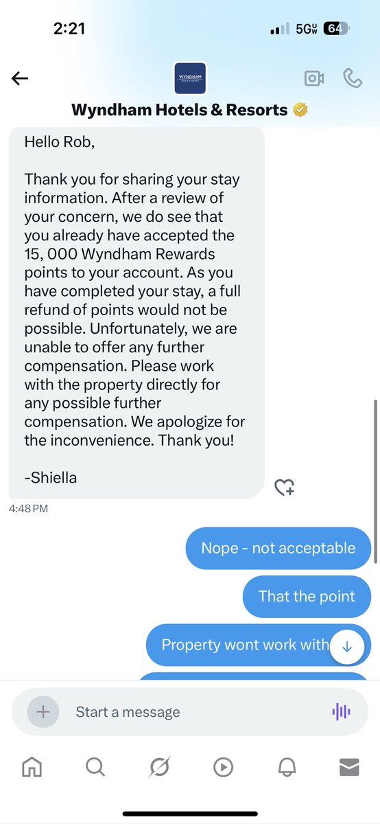RobKimmer's tweet photo. @WyndhamHotels Where is my DM?  I am reluctantly moving it there but I’m worried it will turn out like this. https://t.co/GTgER2Aie2