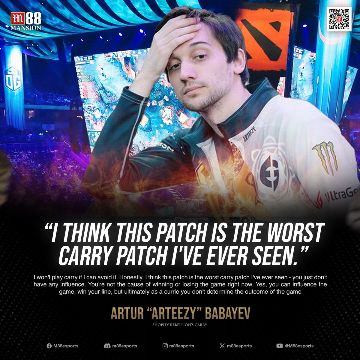 m88esports's tweet photo. Arteezy had a surprising reaction to patch 7.39b.

#Dota2 #News https://t.co/myRtyHs4Yf