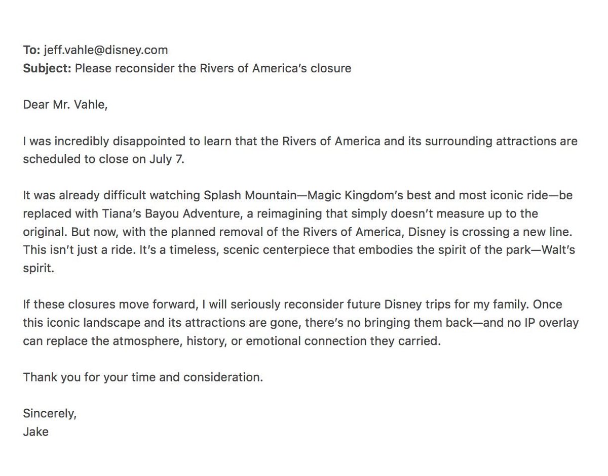 Don’t know what to write or how to phrase your concern to Mr. Vahle? Here are some examples of emails sent by my family and friends. Feel free to borrow anything you like from them.

Do your part to #SaveMagicKingdom. Email WDW president Jeff Vahle.   

DIRECT EMAIL