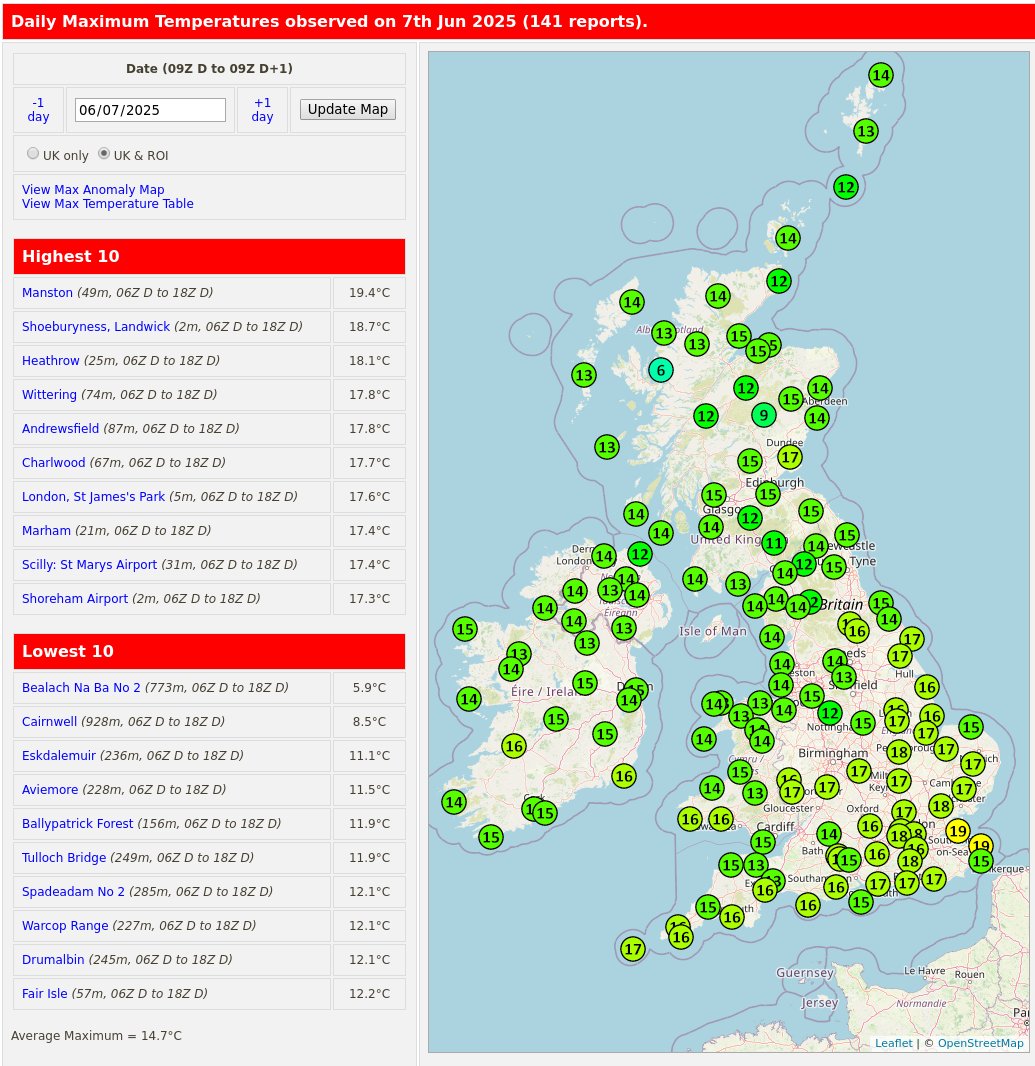 RoostWeather's tweet image. Today's (7th June) maximum temperatures and anomalies (compared to '91-'20 average) from the 03xxx SYNOP sites.

#Manston was the warmest location with a max #temperature of 19.4C.

roostweather.com/ukobs/maxtemp_…
