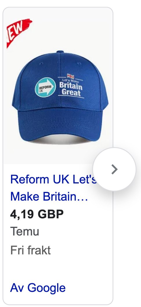 DominicMHinde's tweet image. Had to chuckle at this suggested ad for a Reform UK hat obviously made in China.