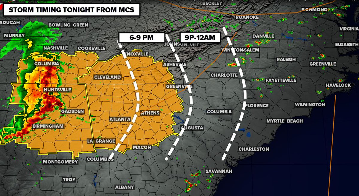 Here's a rough idea of the timing of that large cluster of storms we call an MCS. It could be around Charlotte 10pm-12am. #cltwx #ncwx #scwx #wcnc