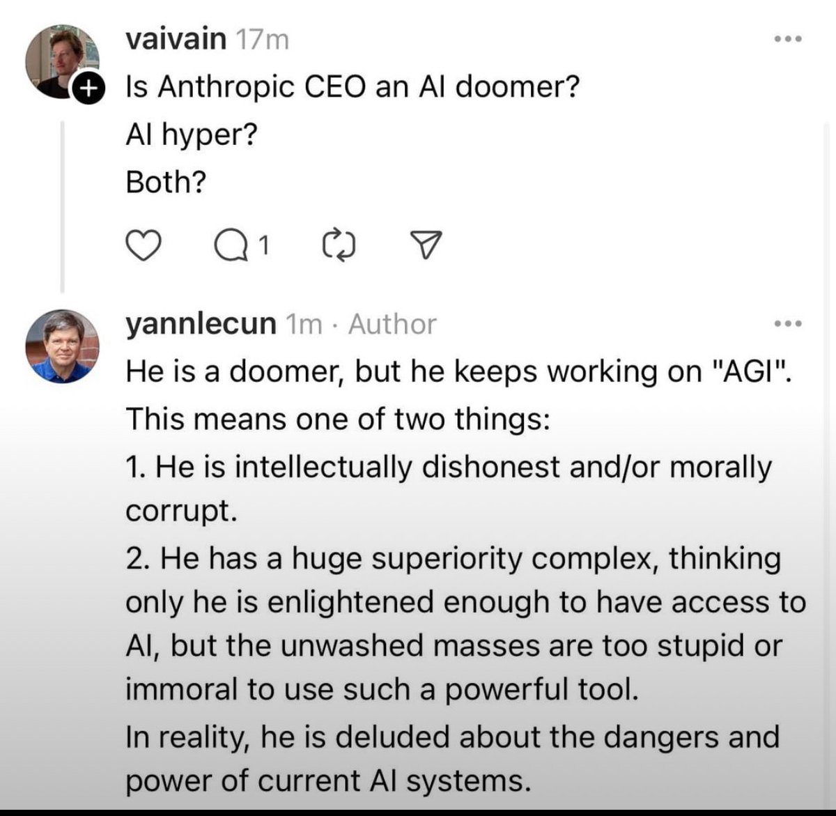 Chubby♨️ (@kimmonismus) on Twitter photo Sorry what? What did <a href="/ylecun/">Yann LeCun</a> just say about Dario Amodei?
I consider Dario Amodei to be one of the most serious scientists and CEOs there is. He talks calmly about his future prospects. To disqualify him in this way is incomprehensible to me. Sorry what? What did <a href="/ylecun/">Yann LeCun</a> just say about Dario Amodei?
I consider Dario Amodei to be one of the most serious scientists and CEOs there is. He talks calmly about his future prospects. To disqualify him in this way is incomprehensible to me.