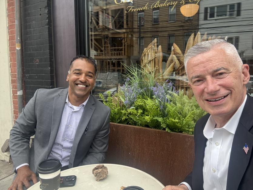 jim_mcgreevey's tweet photo. On a break at with Israel at Choc Pain on Palisades, we were regaled by French Pâtisserie Chef Intisar Wicks as to the act of making pastries and baking processes. Intisar looks “none worse” for enjoying Monumental Baptist’s 125 Anniversary Gala last night. On the other hand, I ordered a grande latte. 😂👍