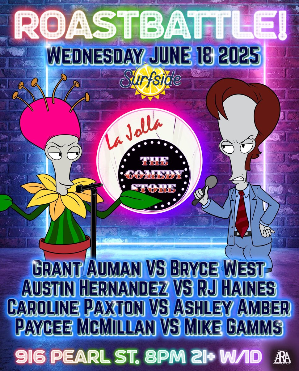 Next San Diego <a href="/RoastBattle/">Roast Battle</a> happens Wednesday, June 18th <a href="/ComedyStoreLJ/">ComedyStoreLJ</a>! With house judges <a href="/MikeVinnComic/">Mike Vinn</a> <a href="/racebanning/">Brian Moses</a> &amp; guest judge <a href="/BijansComedy/">Bijan Mostafavi</a>! #sandiego #roastbattle #thecomedystore #juneteenth Tix &gt;&gt;&gt; showclix.com/event/roast-ba…