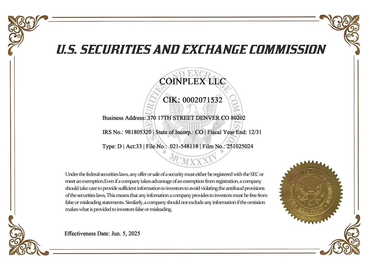 Official Announcement｜COINPLEX LLC Has Officially Submitted Filing Documents to the U.S. Securities and Exchange Commission (SEC)