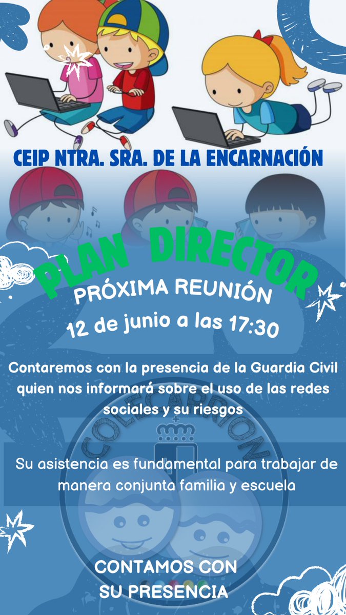 colecarrion's tweet photo. Estimadas madres y estimados padres:

Les informamos que el próximo miércoles 12 de junio a las 17:30 horas tendrá lugar una reunión muy importante en la que contaremos con la participación de la Guardia Civil, para hablar sobre el uso de las redes sociales y sus riesgos. https://t.co/DMYgT1UjEG