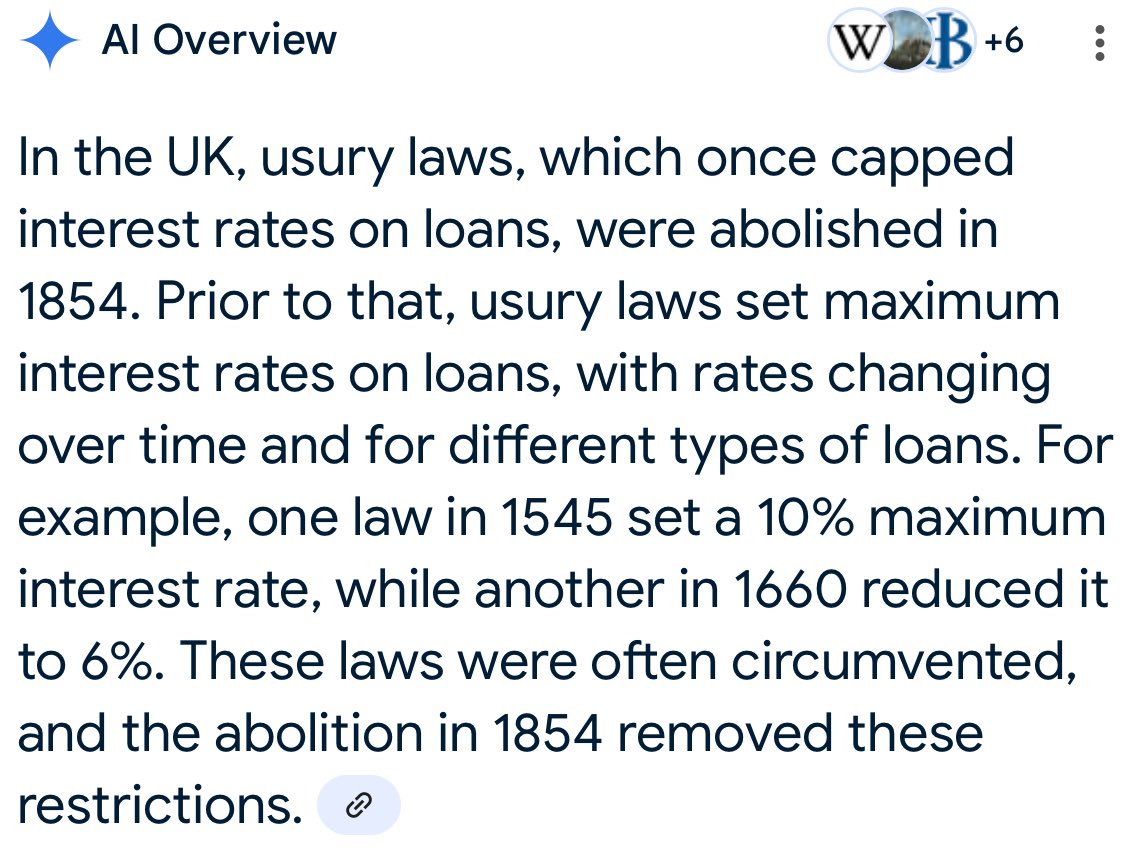 Britain should bring back usury laws.

Too many Brits spend years of their lives working to pay off interest they owe to the big banks who contributed nothing to the world to make that money.

Capital holders should have to build and innovate to make a return, not exploit others.