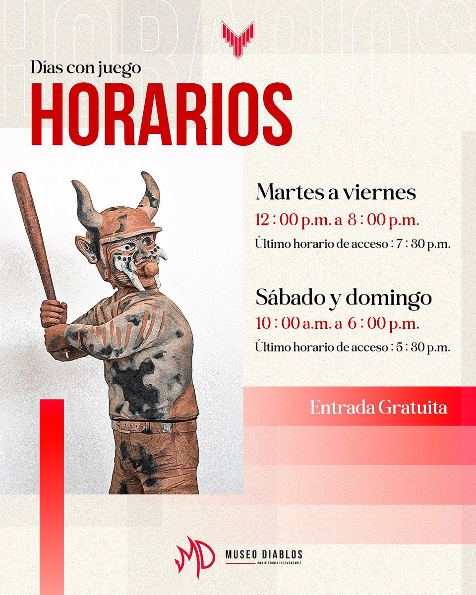Museo Diablos (@museodiablos) on Twitter photo Antes de ver a tus <a href="/DiablosRojosMX/">DiablosRojosMX</a> en el terreno de juego, puedes recorrer nuestro #MuseoDiablos en estos horarios. 👹🔥
¡Te esperamossss! 🤩 Antes de ver a tus <a href="/DiablosRojosMX/">DiablosRojosMX</a> en el terreno de juego, puedes recorrer nuestro #MuseoDiablos en estos horarios. 👹🔥
¡Te esperamossss! 🤩