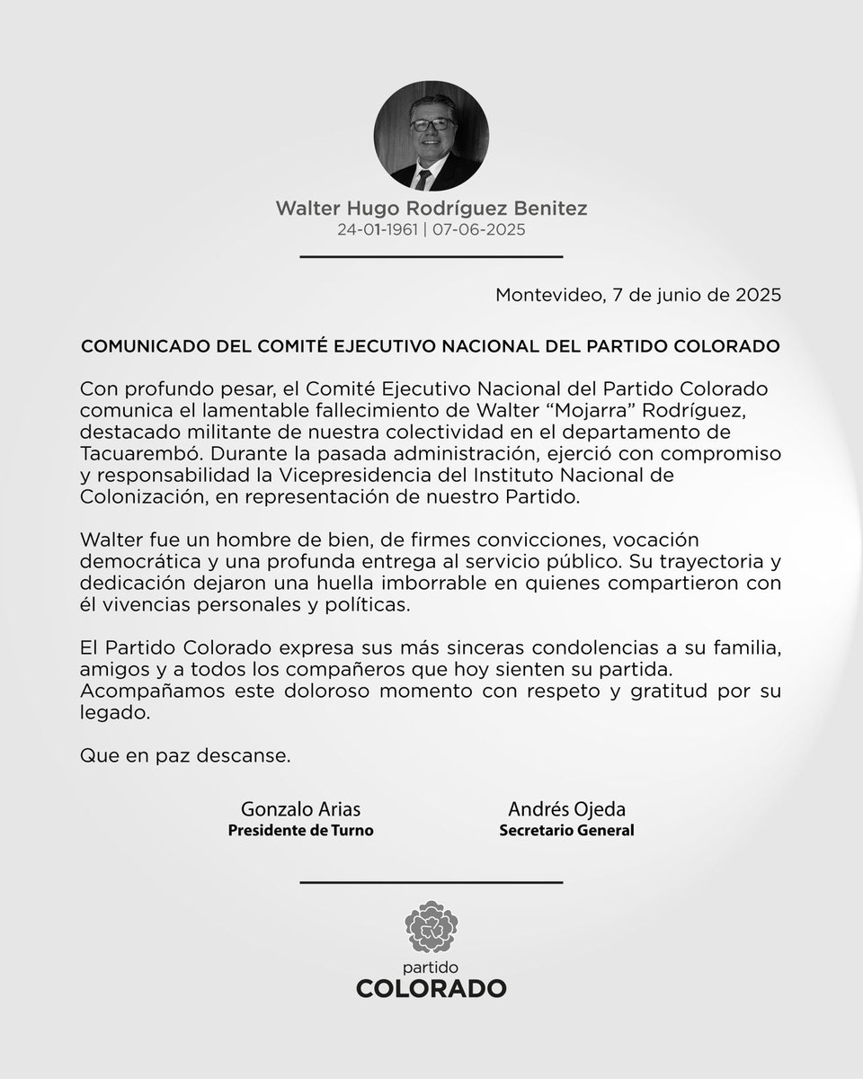 Con enorme tristeza despedimos a Walter “Mojarra” Rodríguez, referente del Partido Colorado en Tacuarembó.

Fue un hombre de convicciones firmes, entrega al servicio público y profundo compromiso con nuestra colectividad.

Su legado permanece en cada uno de los que compartieron