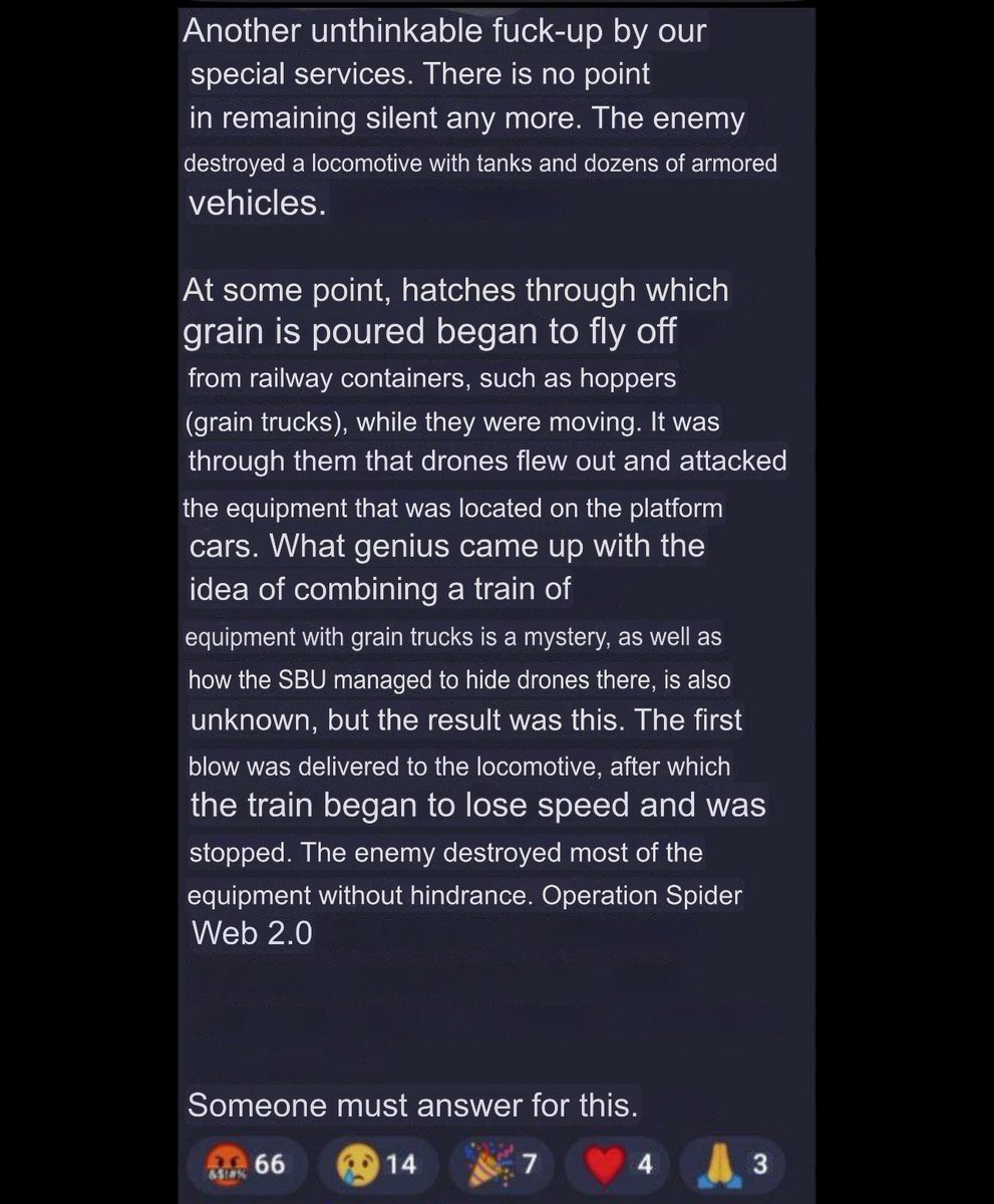 Seems Ukraine may have just done it again. Russians saying a grain train opened up and drones popped out, destroyed an entire locomotive, 13 tanks, armored vehicles etc..

Ukrainians are just smarter.