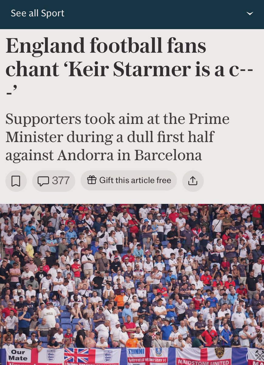 It’s over for him soon, England fans are effectively saying what tens of millions in the UK think, he’s the worst &amp; most hated PM that we’ve had in decades.

“ KEIR STARMER IS A C—T” 😮
