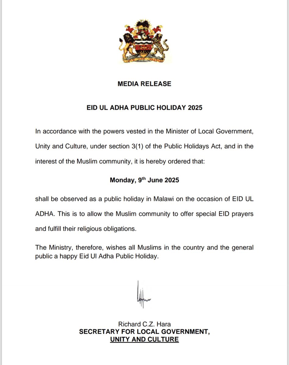 Press release on Eid Ul Adha public holiday: