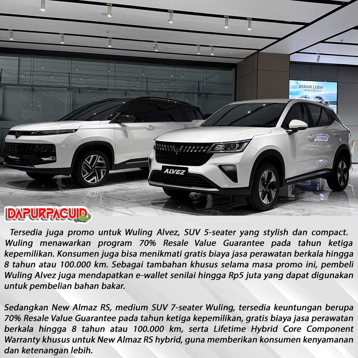 Dapurpacu_id's tweet image. Wuling Motors (Wuling) kini menghadirkan promo istimewa yang bertajuk “Wuling Mid Year SALEbration. Program ini berlaku secara nasional di sepanjang bulan Juni, mencakup seluruh lini produk Wuling.

#wulingindonesia #wulingcloudev #newcloudev #cloudev #airev #almaz #alves