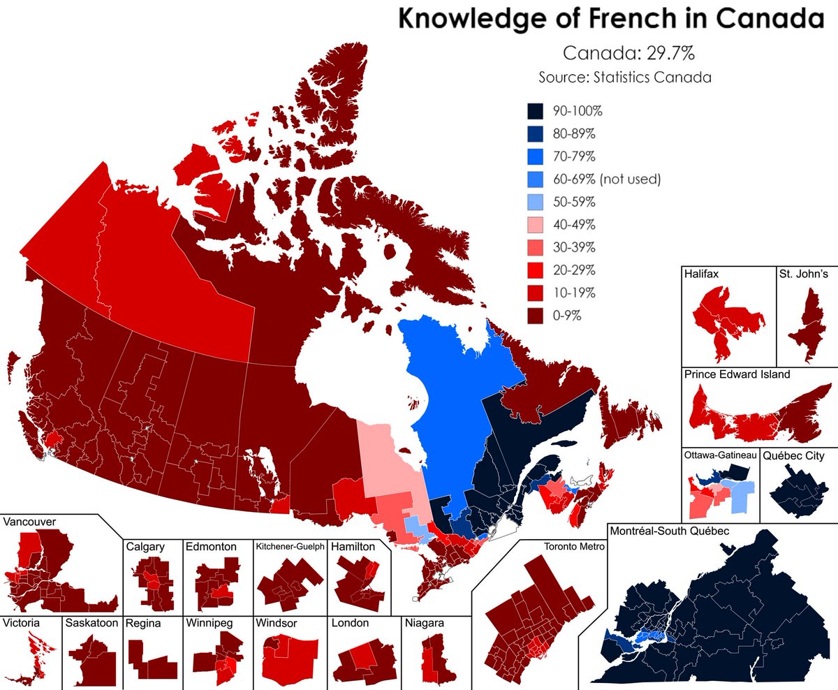 amazingmap's tweet image. Map showing knowledge of the French language in Canada