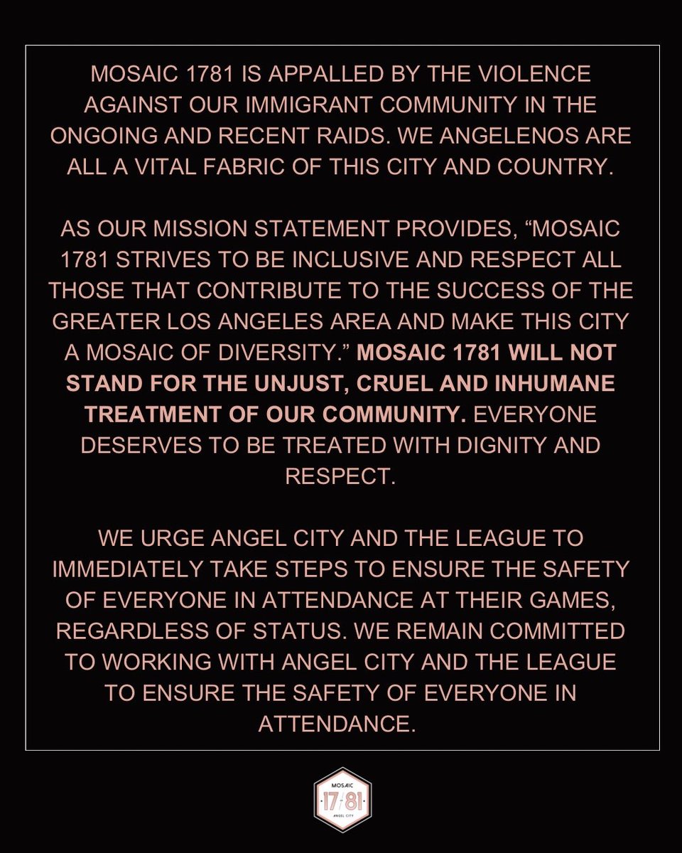 To our beautiful city of Los Angeles. We stand with you and against the deliberate targeting of our community. Let’s continue to support, protect, and uplift one another. We are all ONE. 

#NWSL | #AngelCityFC | #ICEoutOfLA