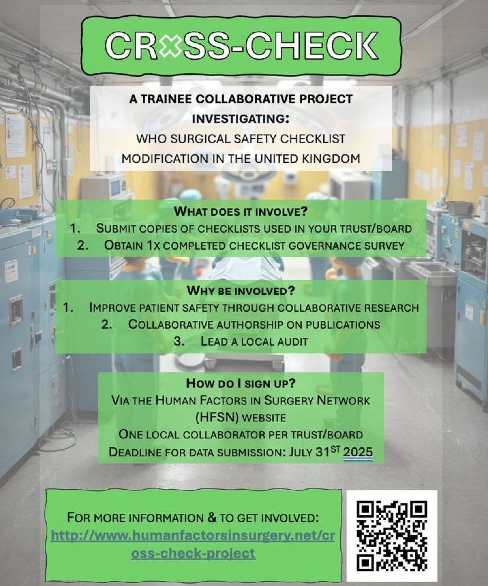 CROSS-CHECK UPDATE 

EXTENDED SIGN UP DEADLINE NOW 20th July!

35 Trusts across the UK signed up already, promising high volumes of data and insightful outcomes. 

Represent your trust now!

GET INVOLVED humanfactorsinsurgery.net/cross-check-pr…

#humanfactors #audit #collaboration