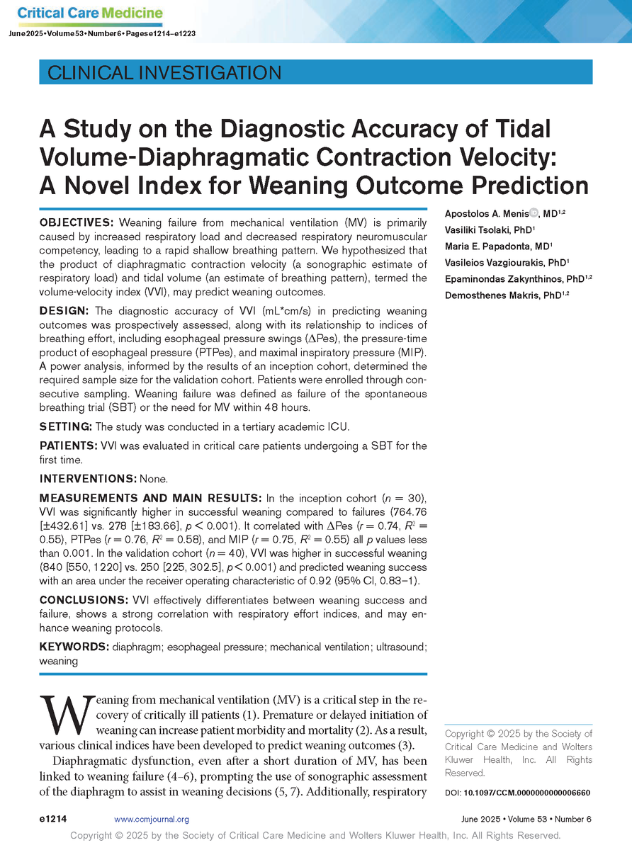 💡 A novel index shows promise in predicting the outcome of weaning from mechanical ventilation.

✅ Read the complete clinical investigation from Critical Care Medicine: bit.ly/4kKEv2V

#SCCM #CritCareMed <a href="/SCCM/">SCCM</a>