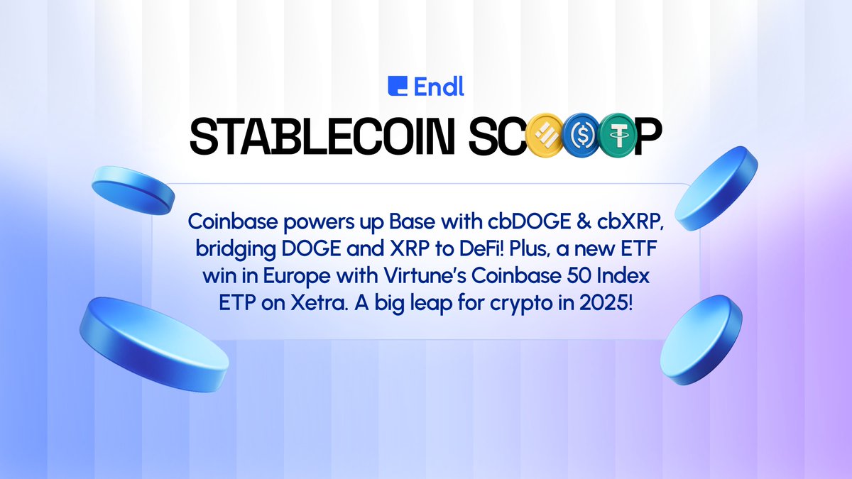 endl_io's tweet image. Coinbase boasts Base with cbDOGE and cbXRP, unlocking DeFi for DOGE and XRP! Virtune’s Coinbase 50 ETP on Xetra also scored an ETF win in Europe.

#CryptoPayments #BlockchainPayments #Stablecoins