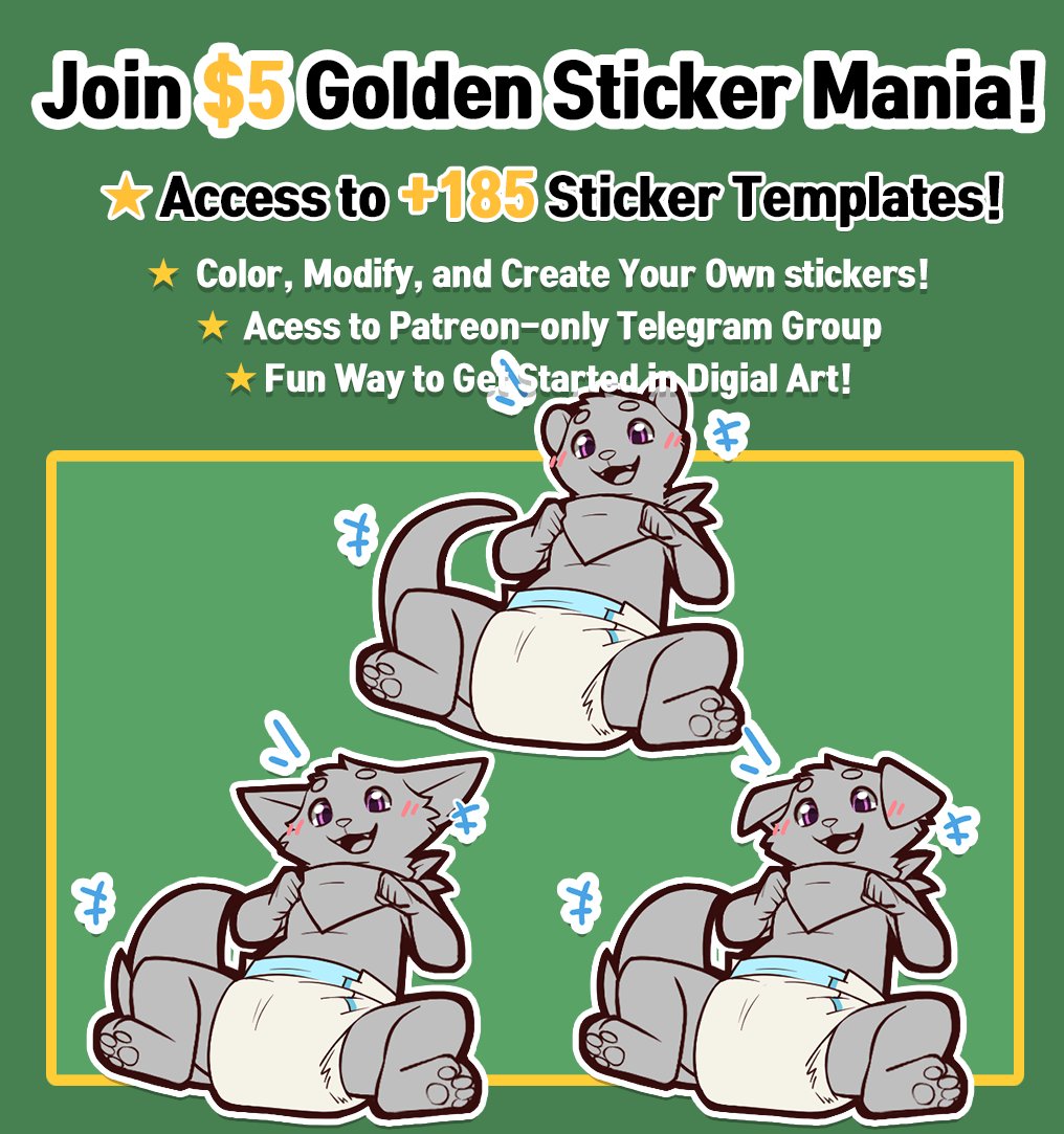 Join the $5 Golden Sticker Mania tier to gain access to +185 sticker templates!

I'm Adorable! (Crinkle Edition)

Diapered versions for Canine and Otter!
A next set(Bunny &amp; Dragon) will be added next weekend!

patreon.com/posts/130955617
patreon.com/posts/130955617