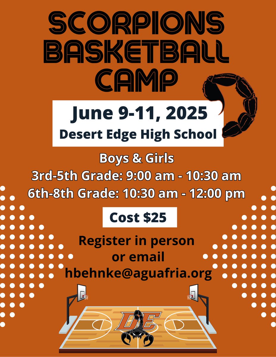 Camp starts Monday! Get registered today!! 🏀🦂🏀🦂🏀🦂🏀🦂🏀