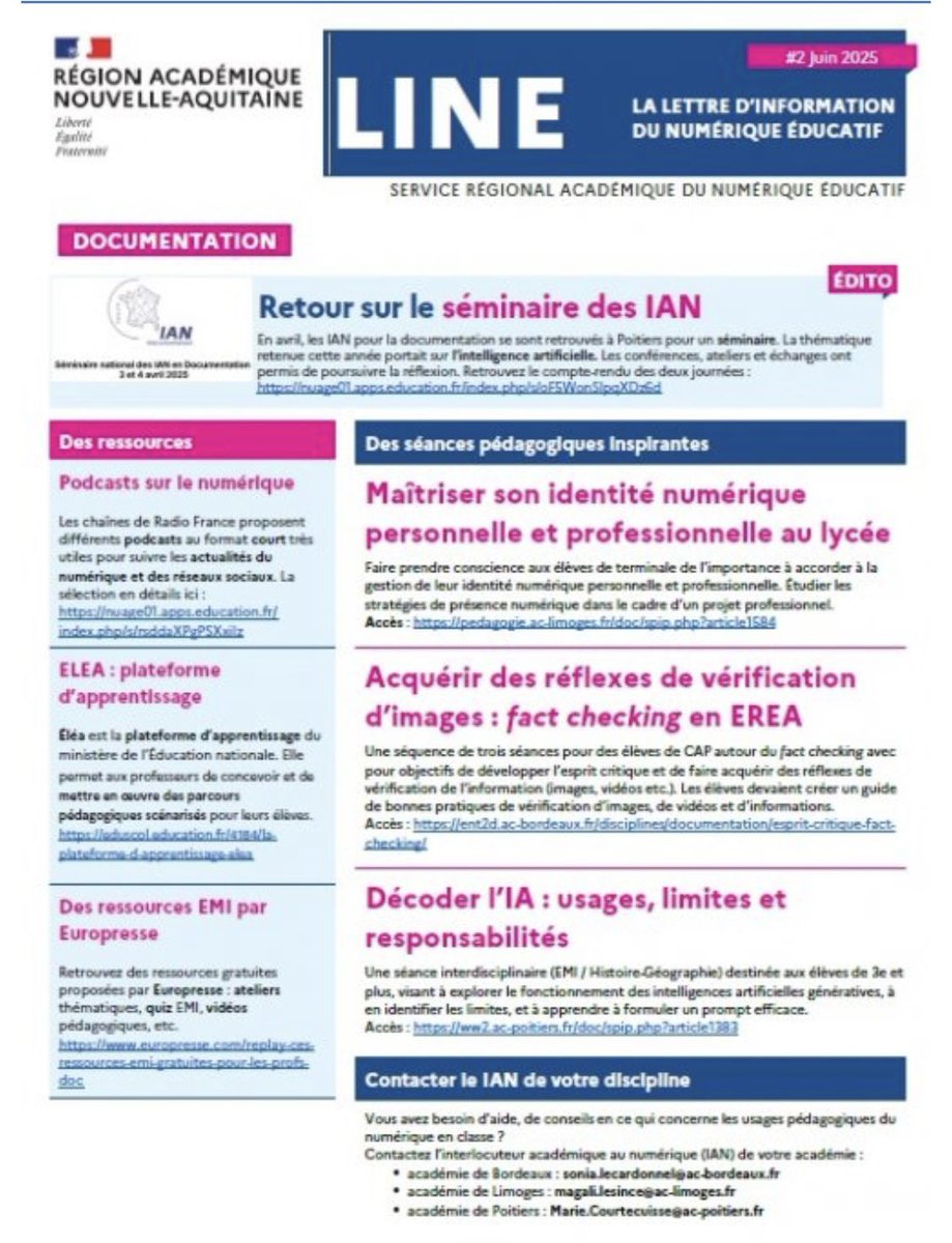 📢 La LINE Doc #2 est parue ! 
Tout pour nourrir vos pratiques #ProfDoc.
💡 À découvrir : fact-checking, identité numérique, décodage de l’IA…
🔗 À lire ici : ww2.ac-poitiers.fr/doc/spip.php?a… 
#EMI #NumériqueÉducatif #Documentation <a href="/acpoitiers/">Académie de Poitiers</a> <a href="/IaEvs/">IA-IPR EVS et CT EVS Académie De Poitiers</a> <a href="/DanePoitiers/">DANE_Poitiers</a>